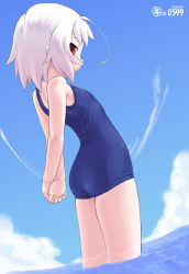 Rule 34 | 1girl, albino, antenna hair, blue one-piece swimsuit, blue theme, cowboy shot, dated, day, fisheye, flat chest, one-piece swimsuit, outdoors, red eyes, school swimsuit, solo, stretching, swimsuit, wading, white hair