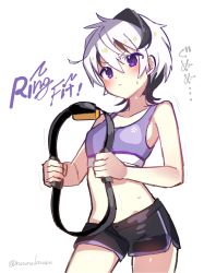Rule 34 | 1girl, :&lt;, black shorts, blush, closed mouth, commentary, cowboy shot, english text, exercising, floral print, flower (vocaloid), highres, holding, joy-con, midriff, multicolored hair, nou (nounknown), purple eyes, purple hair, purple sports bra, ring-con, ring fit adventure, short hair, short shorts, shorts, solo, sports bra, streaked hair, sweat, translated, twitter username, v-shaped eyebrows, flower (vocaloid4), vocaloid, white background, white hair