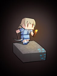 Rule 34 | 1girl, black background, blue dress, blue footwear, brown background, brown eyes, collared dress, dress, gradient background, highres, holding, idolmaster, idolmaster cinderella girls, light brown hair, long hair, minecraft, morikubo nono, pickaxe, puffy short sleeves, puffy sleeves, ringlets, shoe soles, shoes, short sleeves, socks, solo, torch, uccow, white socks