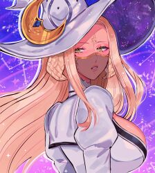 Rule 34 | 1girl, blonde hair, breasts, commentary, crescent, crescent hat ornament, english commentary, eyelashes, final fantasy, final fantasy xiv, forehead jewel, green eyes, hat, hat ornament, highres, large breasts, long hair, looking back, mouth veil, parted lips, pink lips, purple background, ruinique, solo, sparkle, upper body, veil, warrior of light (ff14), white hat, witch hat
