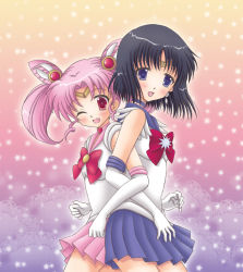 Rule 34 | 1990s (style), 2girls, bishoujo senshi sailor moon, bishoujo senshi sailor moon s, blush, bow, brooch, chibi usa, child, cone hair bun, doily, elbow gloves, gloves, hair bun, hair ornament, jewelry, killa778, locked arms, magical girl, multiple girls, one eye closed, pink hair, pleated skirt, purple skirt, red bow, retro artstyle, sailor chibi moon, sailor saturn, sailor senshi, short hair, skirt, star brooch, tiara, tomoe hotaru, twintails, white gloves, wink