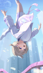 Rule 34 | 1girl, blonde hair, building, chain-link fence, choker, city, fence, highres, hololive, hololive dev is, jacket, jumping, motion blur, purple eyes, shirt, short twintails, shorts, todoroki hajime, torjun 111, twintails, upside-down, virtual youtuber, white shirt