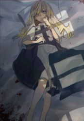 Rule 34 | absurdres, apron, bed, black skirt, black vest, blonde hair, blood, blood stain, braid, feet out of frame, hand up, highres, kirisame marisa, long hair, looking at viewer, lying, no headwear, on back, pillow, shi chimi, shirt, short sleeves, single braid, skirt, solo, touhou, vest, waist apron, white shirt, window shadow