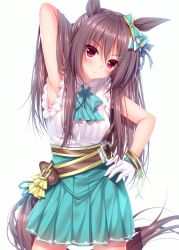 Rule 34 | 1girl, animal ears, arm up, bare shoulders, belt, blue bow, blue skirt, blush, bow, breasts, brown belt, brown hair, closed mouth, commentary request, cowboy shot, dress shirt, gloves, hair between eyes, hair bow, hand on own hip, head tilt, highres, horse ears, horse girl, horse tail, long hair, looking at viewer, mejiro dober (umamusume), pleated skirt, red eyes, shirt, simple background, skirt, small breasts, solo, standing, tail, umamusume, very long hair, white background, white gloves, white shirt, yunagi amane