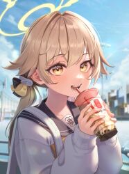 Rule 34 | 1girl, absurdres, backpack, bag, blue archive, blue sailor collar, blush, bubble tea, cardigan, drink, hair flaps, halo, hifumi (blue archive), highres, holding, holding drink, light brown hair, long hair, long sleeves, looking at viewer, open mouth, sailor collar, solo, twintails, v burger103, white bag, white cardigan, yellow eyes