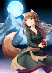 Rule 34 | 1girl, animal ears, apple, brown hair, food, fruit, full moon, highres, holo, long hair, moon, mountain, natsu (natume0504), night, night sky, pouch, red eyes, sky, smile, solo, spice and wolf, tail, wolf ears, wolf tail