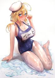 Rule 34 | 1girl, bad id, bad twitter id, blonde hair, blue eyes, blue one-piece swimsuit, blush, breasts, cleavage, collarbone, covered navel, full body, glasses, hat, highres, i-8 (kancolle), kantai collection, large breasts, looking at viewer, medium hair, miyako (rgrayt), one-piece swimsuit, sailor hat, school swimsuit, see-through, see-through legwear, simple background, smile, solo, swimsuit, twintails, white background, white hat, white legwear