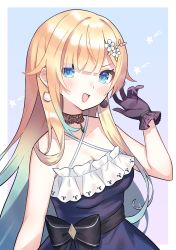 Rule 34 | 1girl, :d, aizawa ema, aotake iro, bare shoulders, black bow, black dress, blonde hair, blue background, blue eyes, blush, bow, breasts, cat earrings, cleavage, collarbone, commentary request, criss-cross halter, dress, eyebrows hidden by hair, flower, frilled dress, frills, gloves, gradient hair, green hair, hair flower, hair ornament, halterneck, hand up, highres, iris black games, long hair, lupinus virtual games, medium breasts, multicolored hair, open mouth, purple gloves, smile, solo, star (symbol), starry background, two-tone background, v-shaped eyebrows, very long hair, virtual youtuber, vspo!, white background, white flower