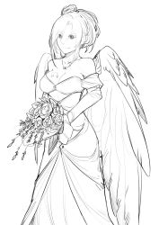 Rule 34 | 1girl, absurdres, bouquet, breasts, closed mouth, dress, flower, greyscale, haohi (less), highres, holding, holding bouquet, jewelry, large breasts, less, long sleeves, monochrome, necklace, original, rose, simple background, smile, solo, standing, tattoo, wedding dress, white background, wings