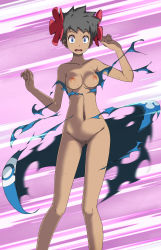 Rule 34 | 1girl, black hair, blue eyes, breasts, censored, cleft of venus, constricted pupils, creatures (company), feet out of frame, flower, game freak, groin, hair flower, hair ornament, hands up, highres, looking at viewer, medium breasts, mosaic censoring, navel, nintendo, nipples, nude, phoebe (pokemon), pokemon, pokemon rse, pussy, short hair, solo, speed lines, standing, stomach, sweat, tan, torn clothes, torn legwear, tsukishiro saika, wide-eyed