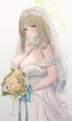 Rule 34 | 1girl, arl, between breasts, blue archive, blush, bouquet, breasts, bridal veil, cleavage, collarbone, dress, flower, gradient background, green eyes, hair flower, hair ornament, halo, highres, holding, holding bouquet, large breasts, light brown hair, looking at viewer, nonomi (blue archive), sidelocks, simple background, smile, solo, veil, wedding dress, white dress