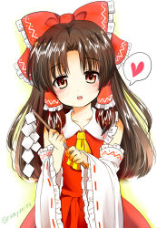Rule 34 | 1girl, ascot, bare shoulders, blush, bow, brown eyes, brown hair, commentary request, cowboy shot, detached sleeves, dot nose, flat chest, frilled bow, frilled hair tubes, frilled shirt collar, frilled sleeves, frills, gohei, hair bow, hair tubes, hakurei reimu, hands up, head tilt, heart, highres, holding, holding stick, long hair, long sleeves, looking at viewer, open mouth, parted bangs, ramudia (lamyun), red bow, red skirt, red vest, sidelocks, simple background, skirt, skirt set, solo, spoken heart, stick, straight-on, tareme, teeth, touhou, twitter username, upper teeth only, very long hair, vest, white background, wide sleeves, yellow ascot