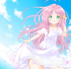 Rule 34 | 1boy, antenna hair, blue sky, blush, clothes lift, cloud, collarbone, contrapposto, cowboy shot, crossdressing, day, detached sleeves, dress, flower, green eyes, hair blowing, hair flower, hair ornament, hanabusa kokoro, hand in own hair, highres, i-chu, lifted by self, long hair, looking at viewer, male focus, outdoors, parted lips, pink hair, skirt, skirt hold, skirt lift, sky, smile, standing, trap, white dress, wind, yurufuwa milk