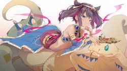 Rule 34 | 1girl, animal, black hair, blue eyes, circlet, cleopatra (legend clover), cobra (animal), dark-skinned female, dark skin, detached sleeves, egyptian, egyptian clothes, female focus, flat chest, full body, gradient background, hair horns, highres, jewelry, legend clover, looking at viewer, lying, multicolored hair, on stomach, oversized animal, pubic tattoo, purple hair, ring, smile, snake, stirrup legwear, tattoo, toeless legwear, two-tone hair, uno ryoku, usekh collar, wide sleeves