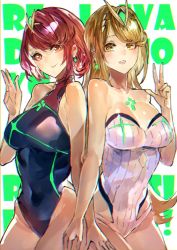 Rule 34 | 2girls, bare shoulders, black one-piece swimsuit, blonde hair, breasts, competition swimsuit, covered navel, earrings, fingerless gloves, gem, gloves, headpiece, highres, jewelry, large breasts, multiple girls, mythra (radiant beach) (xenoblade), mythra (xenoblade), nintendo, one-piece swimsuit, pyra (pro swimmer) (xenoblade), pyra (xenoblade), red eyes, red hair, short hair, signo aaa, strapless, strapless one-piece swimsuit, swept bangs, swimsuit, tiara, xenoblade chronicles (series), xenoblade chronicles 2, yellow eyes