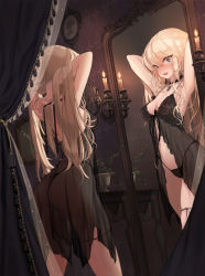 Rule 34 | + +, 1girl, armpits, arms behind head, arms up, ass, babydoll, bare shoulders, black babydoll, black choker, black nightgown, black panties, black ribbon, blonde hair, blue eyes, blush, braid, breasts, candle, candlelight, candlestand, choker, cleavage, collarbone, commentary request, cowboy shot, eyelashes, from behind, g-string, hair between eyes, hair ribbon, highleg, highleg panties, highres, indoors, jewelry, kuzel (bonolangje), lace, lace-trimmed babydoll, lace trim, large breasts, leaf, lingerie, long hair, looking at viewer, midriff, mirror, navel, necklace, negligee, nightgown, original, panties, plant, potted plant, reflection, ribbon, see-through, shoulder blades, side braid, sleepwear, solo, standing, stomach, string panties, surprised, table, tearing up, tears, teeth, thigh strap, thighs, thong, underwear, underwear only, upper teeth only, very long hair