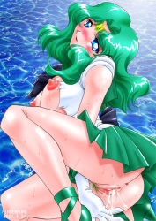 Rule 34 | 1990s (style), 1girl, aftersex, anus, ass, bishoujo senshi sailor moon, blue eyes, breasts, censored, colored pubic hair, cum, cum in pussy, female pubic hair, gloves, green hair, green pubic hair, hindenburg (hindenburugu), huge breasts, kaiou michiru, large breasts, long hair, magical girl, nipples, no panties, pubic hair, pussy, retro artstyle, sailor neptune, solo, sweat, tiara, torn clothes, wavy hair, white gloves