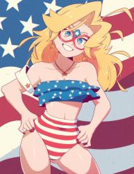 Rule 34 | 1girl, american flag, bare shoulders, blonde hair, blue eyes, contrapposto, cowboy shot, earrings, eye mask, hands on own hips, highres, jewelry, kamen america, kamen america (comic), long hair, looking at viewer, nail polish, narrow waist, necklace, parted lips, red nails, scott malin, smile, solo, star (symbol), star earrings