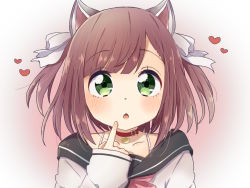 Rule 34 | 1girl, animal ears, azur lane, blush, brown hair, collar, collarbone, commentary request, dog ears, green eyes, hair ribbon, heart, looking at viewer, open mouth, pointing, pointing at self, portrait, ren kun, ribbon, school uniform, shiratsuyu (azur lane), short hair, simple background, solo, spoken heart, white background