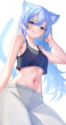Rule 34 | 1girl, absurdres, animal ear fluff, animal ears, aoi zerii, bare shoulders, blue eyes, blue hair, blush, breasts, cat ears, cat girl, cat tail, cleavage, crop top, fang, hair between eyes, highres, hololive, hoshimachi suisei, long hair, looking at viewer, medium breasts, midriff, navel, smile, solo, star (symbol), star in eye, symbol in eye, tail, virtual youtuber