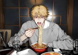 Rule 34 | 1boy, blonde hair, chainsaw man, chopsticks, denji (chainsaw man), food, glass, grey sweater, highres, holding, holding chopsticks, imminent bite, knife, looking at viewer, muksal, noodles, open mouth, phone, red eyes, sharp teeth, short hair, solo, spiked hair, sweater, teeth, tongue, tongue out