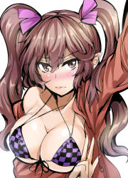 Rule 34 | &gt;:|, 1girl, :|, adapted costume, bikini, blush, breast hold, breasts, brown eyes, brown hair, cleavage, closed mouth, collarbone, commentary request, criss-cross halter, embarrassed, foreshortening, front-tie bikini top, front-tie top, hair ribbon, halterneck, highres, himekaidou hatate, jacket, large breasts, long hair, looking at viewer, no headwear, nose blush, off shoulder, pink ribbon, plaid, plaid bikini, pointy ears, reaching, reaching towards viewer, red jacket, ribbon, selfie, solo, swimsuit, touhou, twintails, upper body, v, v-shaped eyebrows, wavy mouth, white background, y2