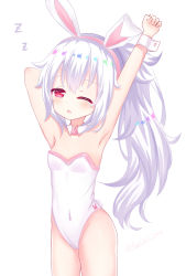 Rule 34 | 1girl, animal ears, arm up, armpits, azur lane, bare shoulders, blush, breasts, commentary request, fake animal ears, fang, groin, hair between eyes, highleg, highleg leotard, highres, laffey (azur lane), leotard, long hair, one eye closed, parted lips, playboy bunny, rabbit ears, red eyes, satori (ymoy), side ponytail, sidelocks, silver hair, simple background, small breasts, solo, strapless, strapless leotard, very long hair, white background, white leotard, white theme, wrist cuffs, zzz