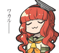 Rule 34 | 1girl, :3, bell, blunt bangs, braid, closed eyes, curly hair, de ruyter (kancolle), green sailor collar, hairband, headgear, kantai collection, long hair, orange neckwear, red hair, sailor collar, simple background, solo, translated, white background, yoshi tama
