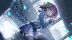 Rule 34 | 1girl, angel beats!, beretta 92, blunt bangs, bow, building, closed mouth, commentary request, finger on trigger, green bow, green eyes, gun, hair bow, handgun, heaven burns red, highres, holding, holding weapon, light particles, long sleeves, looking at viewer, medium hair, nakamura yuri, on one knee, oyuyu, partial commentary, purple hair, purple skirt, revision, school uniform, serafuku, skirt, solo, thighhighs, weapon, wreckage, zettai ryouiki