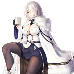 Rule 34 | 1girl, azur lane, black gloves, black necktie, black pantyhose, blue skirt, blush, boots, box, breasts, cleavage, coat, cup, enchuu, fur-trimmed boots, fur-trimmed coat, fur trim, gloves, hair over one eye, highres, holding, holding cup, kirov (azur lane), large breasts, long hair, long sleeves, looking at viewer, miniskirt, necktie, on box, one eye covered, pantyhose, pleated skirt, silver hair, simple background, sitting, sitting on box, skirt, smile, solo, thigh strap, very long hair, white background, white coat, white footwear, wide sleeves, yellow eyes