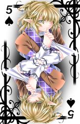 Rule 34 | 1girl, arm warmers, biting, biting own thumb, blonde hair, card, card (medium), dual persona, gradient background, green eyes, hair over one eye, highres, looking at viewer, mizuhashi parsee, playing card, pointy ears, rotational symmetry, scarf, sharp teeth, short hair, spade, teeth, biting own thumb, thumb to mouth, touhou, yoiti