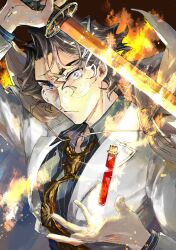 Rule 34 | 1boy, black hair, bright pupils, cc04270903, collared shirt, fate/grand order, fate (series), flaming sword, flaming weapon, formal, glint, hair between eyes, highres, holding, holding sword, holding weapon, looking at viewer, male focus, multicolored hair, open hands, sanpaku, shirt, short hair, solo, streaked hair, striped clothes, striped shirt, suit, sword, test tube, thick eyebrows, upper body, v-shaped eyebrows, weapon, white hair, yoshida shouin (fate)