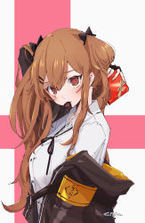 Rule 34 | 1girl, 404 logo (girls&#039; frontline), arm up, armband, artist name, black gloves, black jacket, blush, bow, box, box of chocolates, breasts, brown eyes, brown hair, candy, chocolate, chocolate heart, citron80citron, collared shirt, commentary, english commentary, fingerless gloves, food, food in mouth, from side, gift, girls&#039; frontline, gloves, hair between eyes, hair bow, hair ornament, hairclip, heart, highres, holding, holding gift, jacket, long hair, looking at viewer, medium breasts, mouth hold, neck ribbon, off shoulder, open clothes, open jacket, ribbon, scar, scar across eye, scar on face, shirt, simple background, solo, twintails, ump9 (girls&#039; frontline), upper body, valentine, white shirt