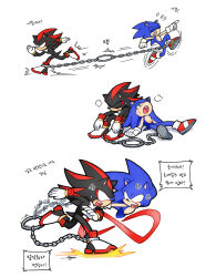 Rule 34 | 2boys, anger vein, animal ears, animal nose, blank eyes, chain, closed eyes, commentary request, exhausted, furry, furry male, gloves, green eyes, highres, korean commentary, korean text, looking at another, male focus, multiple boys, open mouth, red footwear, running, shadow the hedgehog, shoe soles, shoes, signature, simple background, sitting, sloth g ya, sonic (series), sonic the hedgehog, super peel out, tail, translation request, wheel o feet, white background, white gloves