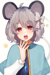 Rule 34 | 1girl, animal ears, blue capelet, blush, bow, buck teeth, capelet, commentary request, dress, frilled capelet, frills, grey bow, grey dress, grey hair, hair bow, highres, katsuobushi (eba games), long sleeves, mouse ears, mouse girl, mouse tail, nazrin, open mouth, red eyes, shirt, short hair, solo, tail, teeth, thick eyebrows, touhou, upper teeth only, white shirt, yawning