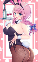 Rule 34 | 1girl, :d, absurdres, alcohol, animal ears, ass, bare shoulders, bikini, black bow, black bowtie, black hairband, black leotard, blue eyes, blush, bottle, bow, bowtie, braid, breasts, brown pantyhose, cleavage, commentary request, cowboy shot, cup, detached collar, drinking glass, fake animal ears, fake tail, fishnet pantyhose, fishnets, from behind, glint, hair bow, hairband, highres, holding, holding tray, leotard, long hair, looking at viewer, looking back, open mouth, original, pantyhose, playboy bunny, purple bow, rabbit ears, rabbit tail, smile, solo, strapless, strapless bikini, swimsuit, tail, tenzeru, tray, twin braids, two-tone background, wine, wine bottle, wine glass, wrist cuffs