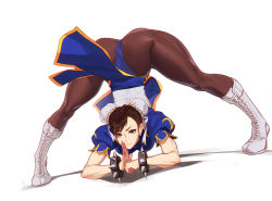 Rule 34 | 1girl, bad id, bad twitter id, blue dress, boots, bracelet, brown eyes, brown hair, brown pantyhose, bun cover, capcom, china dress, chinese clothes, chun-li, clenched hand, cross-laced footwear, double bun, dress, earrings, feguimel, hair bun, highres, jack-o&#039; challenge, jewelry, own hands together, pantyhose, pelvic curtain, puffy short sleeves, puffy sleeves, sash, short sleeves, side slit, spiked bracelet, spikes, spread legs, street fighter, top-down bottom-up, white background, white footwear