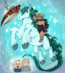 Rule 34 | 1girl, 2boys, armor, beard, black hair, blank eyes, blonde hair, blue background, blue capelet, blush, capelet, chibi, commentary, covered mouth, crab claw, dated, dungeon meshi, dwarf, elf, english commentary, excited, facial hair, fake horns, fishing rod, fur trim, grey hair, hands on own cheeks, hands on own face, hanging food, helmet, highres, holding, holding fishing rod, hood, hood down, hooded capelet, horned helmet, horns, horse, imagining, kelpie, laios touden, long beard, long hair, long sleeves, marcille donato, multiple boys, mustache, open mouth, parted bangs, pauldrons, plate armor, pointy ears, ponytail, riding, rope, sandals, seaweed, senshi (dungeon meshi), shin guards, short hair, shoulder armor, side-by-side, sparkle, sparkling eyes, triangle mouth, twitter username, unamused, water, wooni