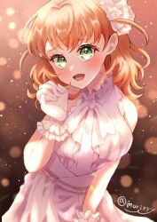 Rule 34 | 1girl, :d, blurry, blush, bokeh, breasts, brown background, cowboy shot, crossed bangs, depth of field, dress, frilled dress, frilled gloves, frills, gloves, gradient background, green eyes, hand up, hinoshita kaho, leaning forward, light particles, link! like! love live!, link to the future (love live!), looking at viewer, love live!, medium breasts, medium hair, open mouth, orange hair, ryuuka (moriryuuuuu24), sleeveless, sleeveless dress, smile, solo, two side up, virtual youtuber, white dress, white gloves