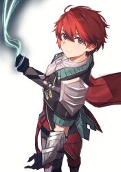 Rule 34 | 1boy, adol christin, ahoge, arm guards, armor, black eyes, cape, gloves, highres, kumakosion, looking at viewer, pauldrons, red hair, short hair, shoulder armor, simple background, smile, smoke, solo, white background, ys, ys ix monstrum nox, ys x nordics
