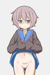 Rule 34 | 10s, 1girl, brown eyes, cardigan, cleft of venus, clothes lift, expressionless, female focus, glasses, grey hair, highres, looking at viewer, nagato yuki, navel, no panties, pussy, rountain, school uniform, shirt, short hair, simple background, skirt, skirt lift, sleeves past wrists, solo, suzumiya haruhi no shoushitsu, suzumiya haruhi no yuuutsu, thigh gap, uncensored, white background