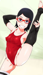 Rule 34 | 1girl, armpits, ass, bare shoulders, black hair, blue eyes, boruto: naruto next generations, breasts, covered erect nipples, elbow gloves, female focus, glasses, gloves, grin, leg up, looking at viewer, naruto (series), red-framed eyewear, short hair, small breasts, smile, source request, sunahara wataru, swimsuit, teeth, uchiha sarada