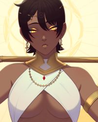 Rule 34 | 1girl, ankh, ankh earrings, armlet, breasts, brown hair, closed mouth, dark skin, dark-skinned female, egyptian clothes, eye of horus, glowing, glowing eyes, head tilt, holding, holding staff, jewelry, k&#039;lyn, large breasts, lipstick, looking at viewer, makeup, necklace, orange eyes, original, razalor, short hair, solo, staff, upper body, yellow background, yellow lips