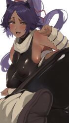 Rule 34 | 1girl, animal ear fluff, animal ears, armpit crease, armpit focus, armpits, black shirt, bleach, blush, brown eyes, detached sleeves, highres, long hair, looking at viewer, open mouth, parted bangs, ponytail, purple hair, scarf, shihouin yoruichi, shirt, simple background, smile, solo, tomochi (tmc tmc8), white background
