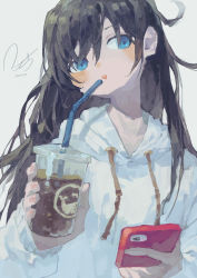Rule 34 | 1girl, artist name, black hair, blue eyes, blush, cup, drawstring, drinking straw, highres, holding, holding cup, hood, hood down, hoodie, long hair, original, parted lips, potg (piotegu), shadow, signature, solo, upper body, white hoodie