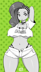 Rule 34 | 1girl, :o, alternate costume, arms behind head, arms up, asymmetrical hair, breasts, breasts apart, cleavage, clothes writing, cornrows, crop top, green background, green theme, highres, huge breasts, kenron toqueen, laura matsuda, looking at viewer, monochrome, navel, no bra, open fly, short shorts, shorts, solo, stomach, street fighter, street fighter v, thick thighs, thigh gap, thighs, thong, underboob, wide hips