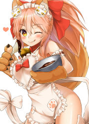 Rule 34 | 1girl, ;q, animal ears, animal hands, apron, ass, bell, blush, breasts, chiroshiron, chocolate, collar, fate/grand order, fate (series), food, fox ears, fox tail, hair ribbon, heart, highres, large breasts, long hair, looking at viewer, maid headdress, mixing bowl, naked apron, neck bell, one eye closed, pink hair, ribbon, simple background, smile, solo, tail, tamamo (fate), tamamo cat (fate), tamamo cat (third ascension) (fate), tamamo no mae (fate/extra), tongue, tongue out, white background, yellow eyes