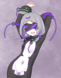 Rule 34 | 1girl, arms up, artist request, blindfold, bodysuit, breasts, chain, child, daphne (re:zero), green hair, open mouth, pig tail, pubic tattoo, re:zero kara hajimeru isekai seikatsu, saliva, small breasts, tail, tattoo, tongue, twintails, wide hips