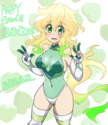 Rule 34 | 1girl, akatsuki kirika, blonde hair, blush, breasts, covered navel, dated, elbow gloves, gloves, glowing, glowing hair, gradient hair, green eyes, green hair, green leotard, happy birthday, highres, leotard, long hair, looking at viewer, medium breasts, multicolored hair, nabeiro kin, senki zesshou symphogear, shiny skin, skin tight, smile, solo, standing, striped clothes, striped thighhighs, thighhighs, x-drive (symphogear)