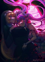 Rule 34 | 2girls, backlighting, blonde hair, breasts, commentary, demon girl, demon horns, demon tail, demon wings, didi (galacticdidi), english commentary, floating hair, glowing, glowing eyes, habit, hair ornament, hand on own chest, heart, heart hair ornament, highres, hime hajime, horns, hug, ironmouse, ironmouse (demon form), large breasts, licking lips, long hair, looking at another, multiple girls, nun, open mouth, pointy ears, red eyes, sidelocks, tail, tongue, tongue out, twintails, twitter username, very long hair, virtual youtuber, vshojo, wing hair ornament, wings